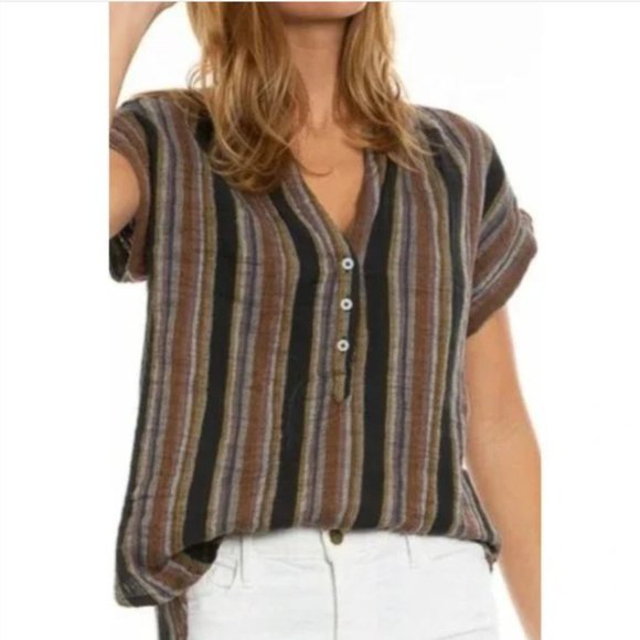 dylan Tops - Dylan striped boho short sleeve camp shirt / blouse, 100% cotton, medium